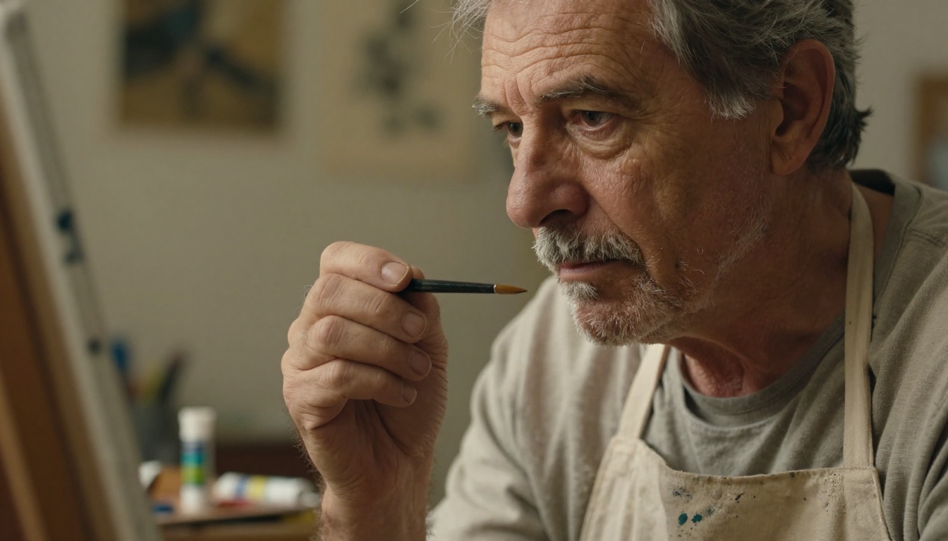 Close-up portrait of an older male painter with silver stubble examining a canvas with deliberate focus