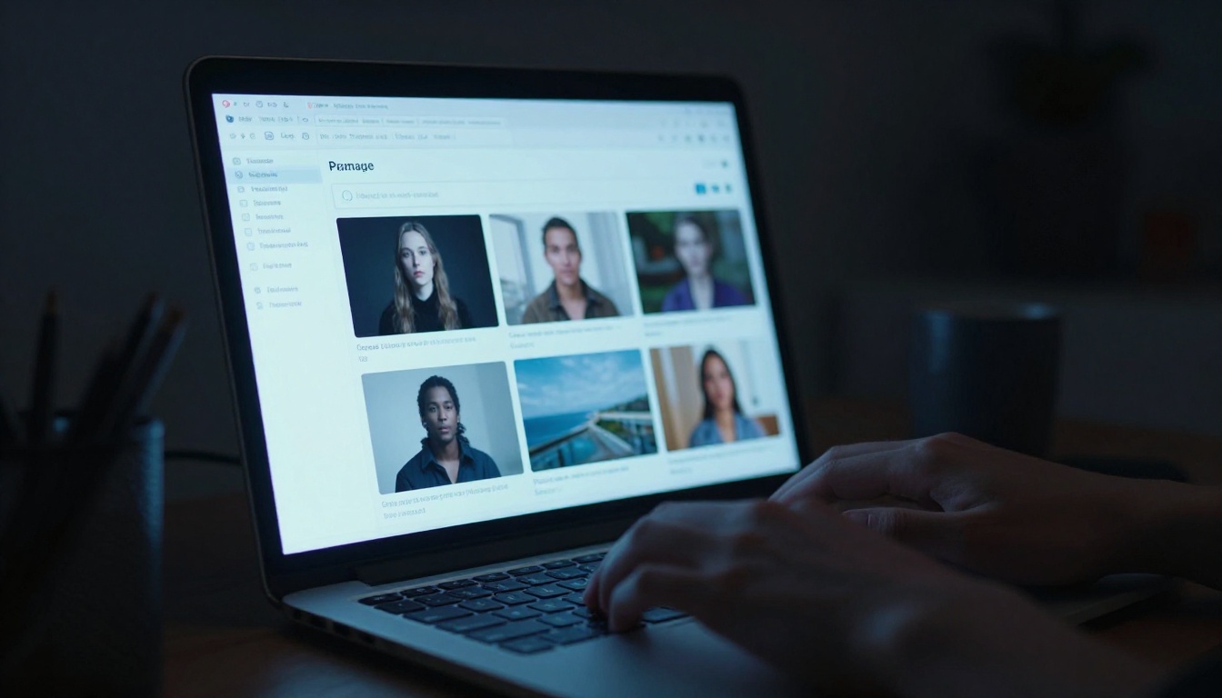 AI image generation interface glowing on laptop screen in dark home office at night