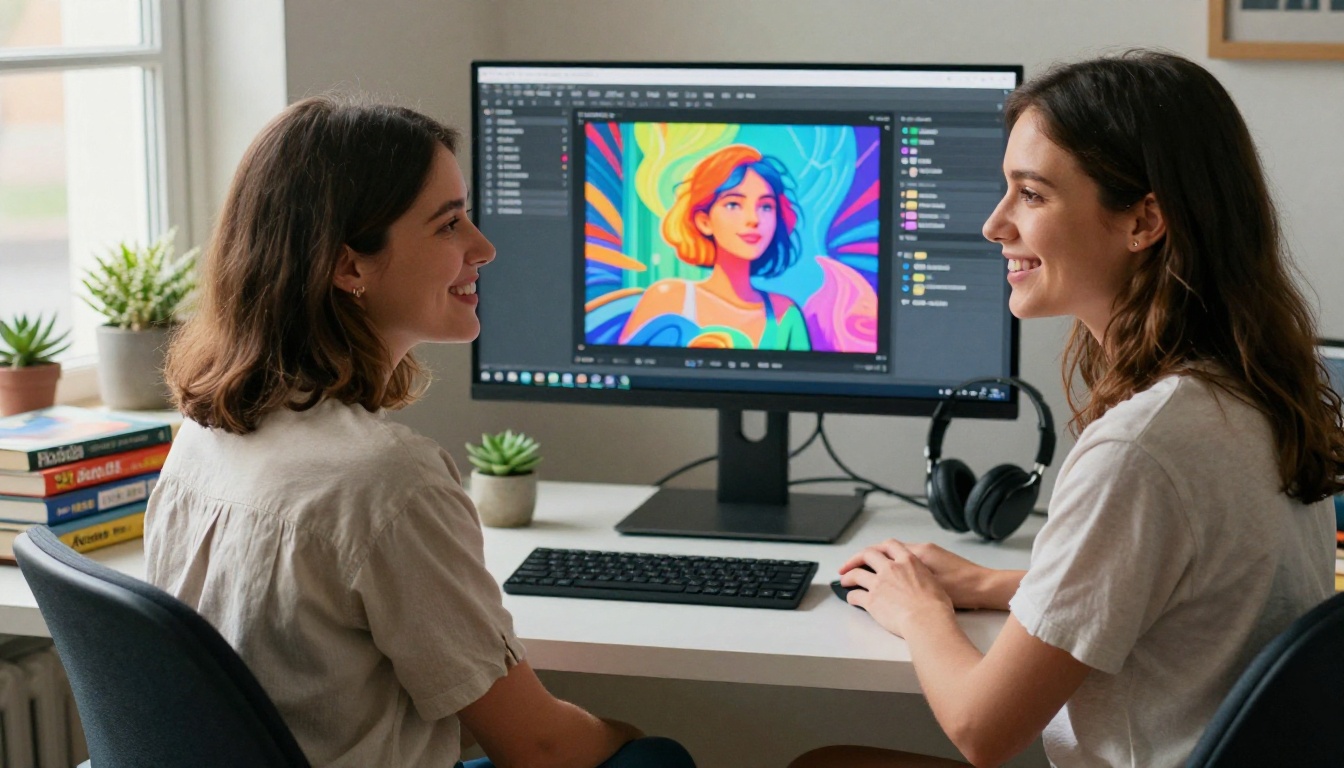 Smiling young woman at a bright modern workstation with vibrant AI art displayed on her large monitor