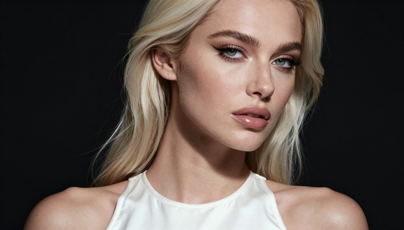 Close-up glamour portrait of platinum blonde woman, studio softbox lighting from upper-left, white satin halter, Fujifilm Provia 100F tones
