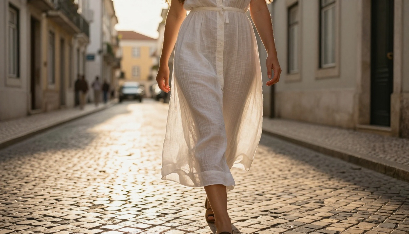 Woman in flowing white linen dress walking Lisbon cobblestone street, low-angle shot, golden-hour morning backlight, terracotta buildings in soft bokeh