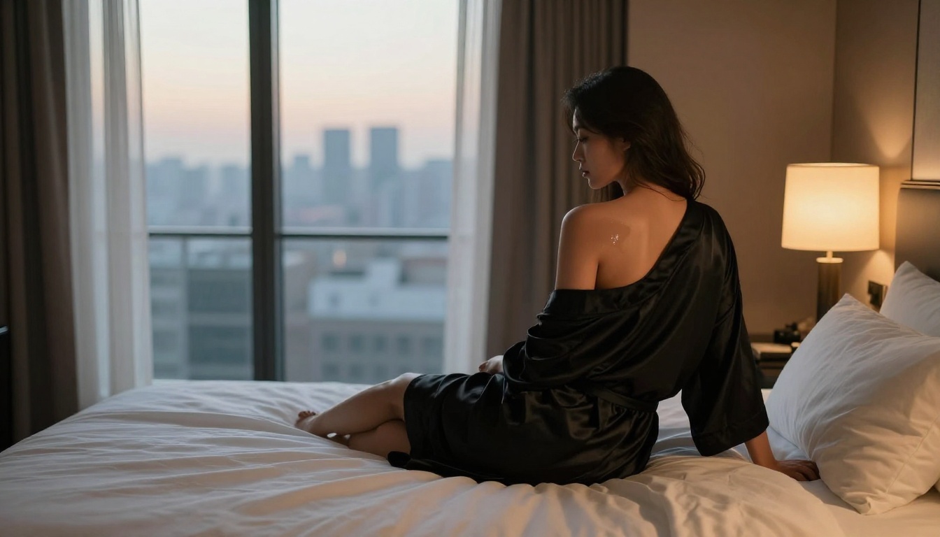 Woman in black silk robe sitting on edge of luxury hotel bed, warm amber bedside lamp glow, city skyline at dawn through panoramic floor-to-ceiling window