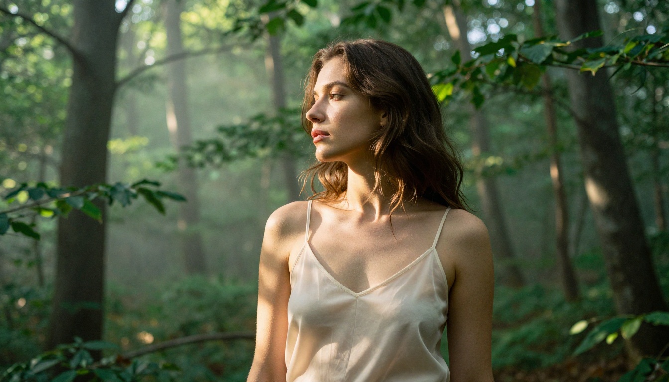 Woman in sheer ivory camisole standing in sunlit European beech forest clearing, dappled light bokeh from canopy, morning mist at ankle level, Cinestill 800T grain