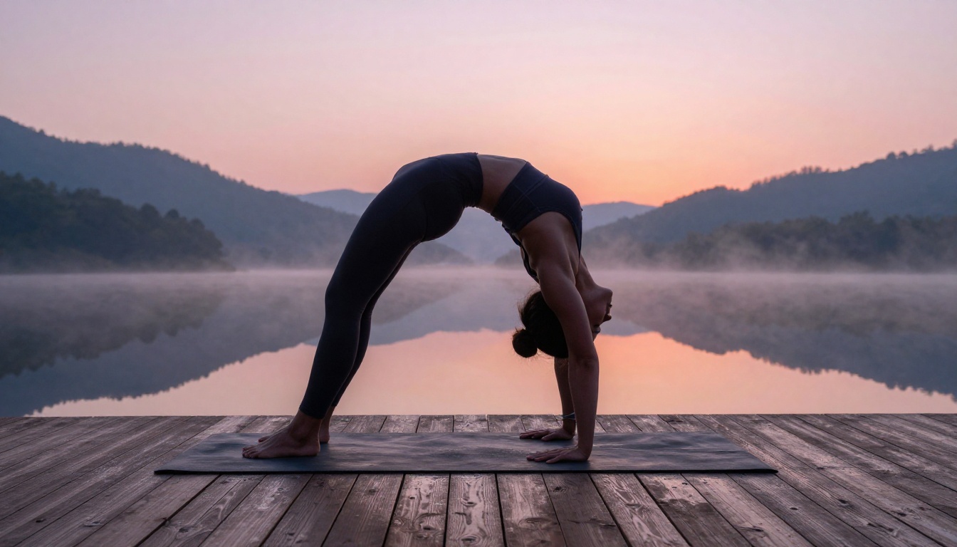 Woman in athletic bralette performing backbend yoga on wooden deck, mountain lake reflection at sunrise, pink-orange dawn sky, Fujifilm Velvia 50
