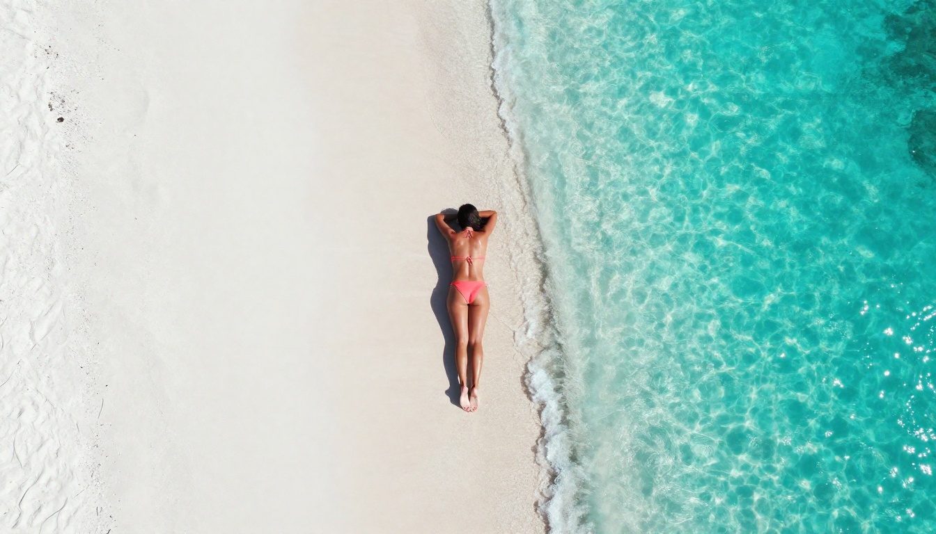 Aerial drone shot of woman in coral bikini lying on white powdery sand beside vivid turquoise Caribbean lagoon, midday sun, Kodak Ektar 100 saturation