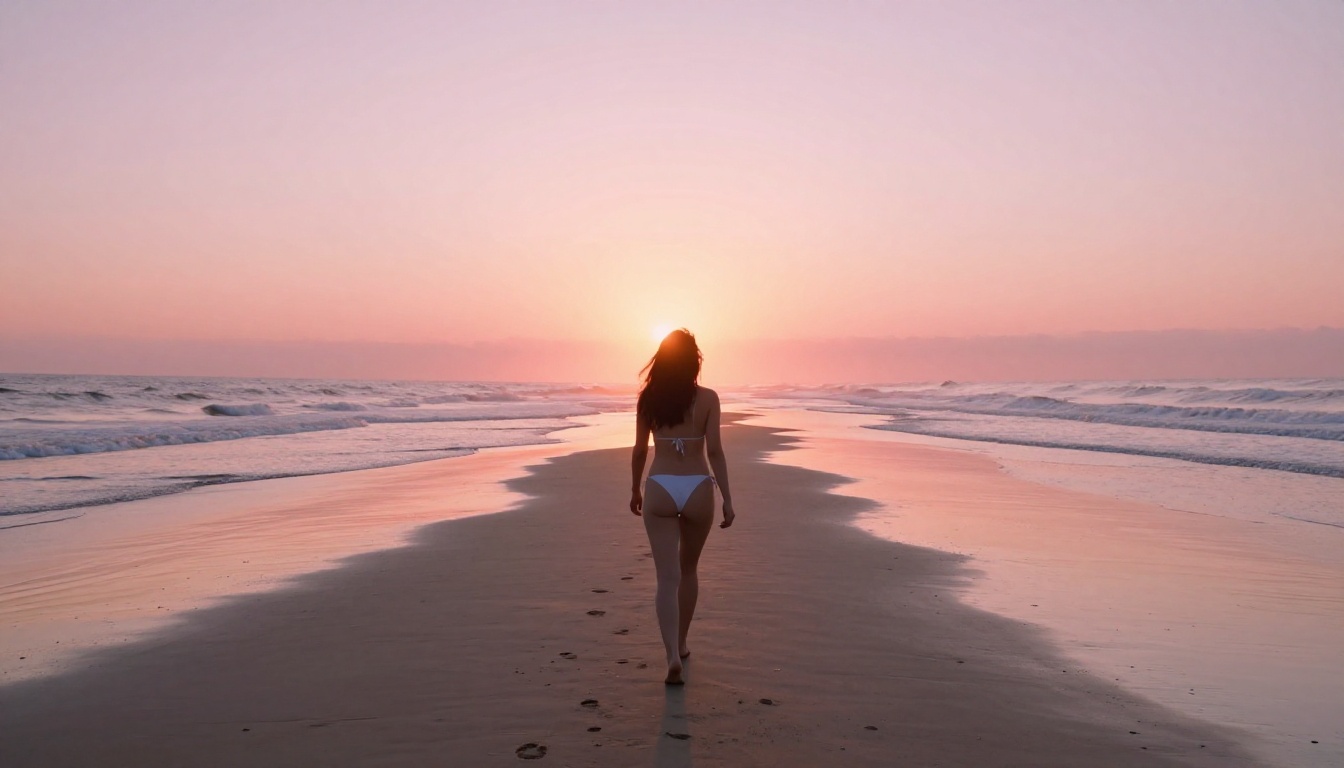 Woman in white string bikini walking away from camera along empty sunrise beach, pinkish-orange sky reflecting in wet sand, footprints behind her, Kodak Vision3 500T look