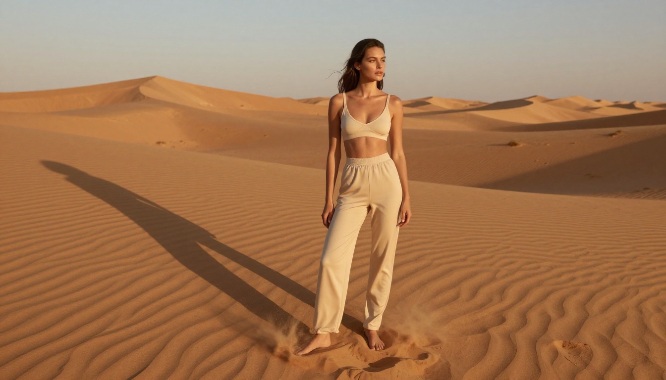 Woman in pale sand-colored lingerie in golden Saharan desert at magic-hour sunset, amber dune shadows, long directional shadows, warm dust particles catching light, Kodak Ektar 100