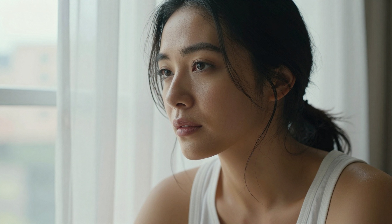 Close-up portrait of a woman with olive skin near an open window, sheer curtains billowing, soft natural daylight illuminating fine skin texture