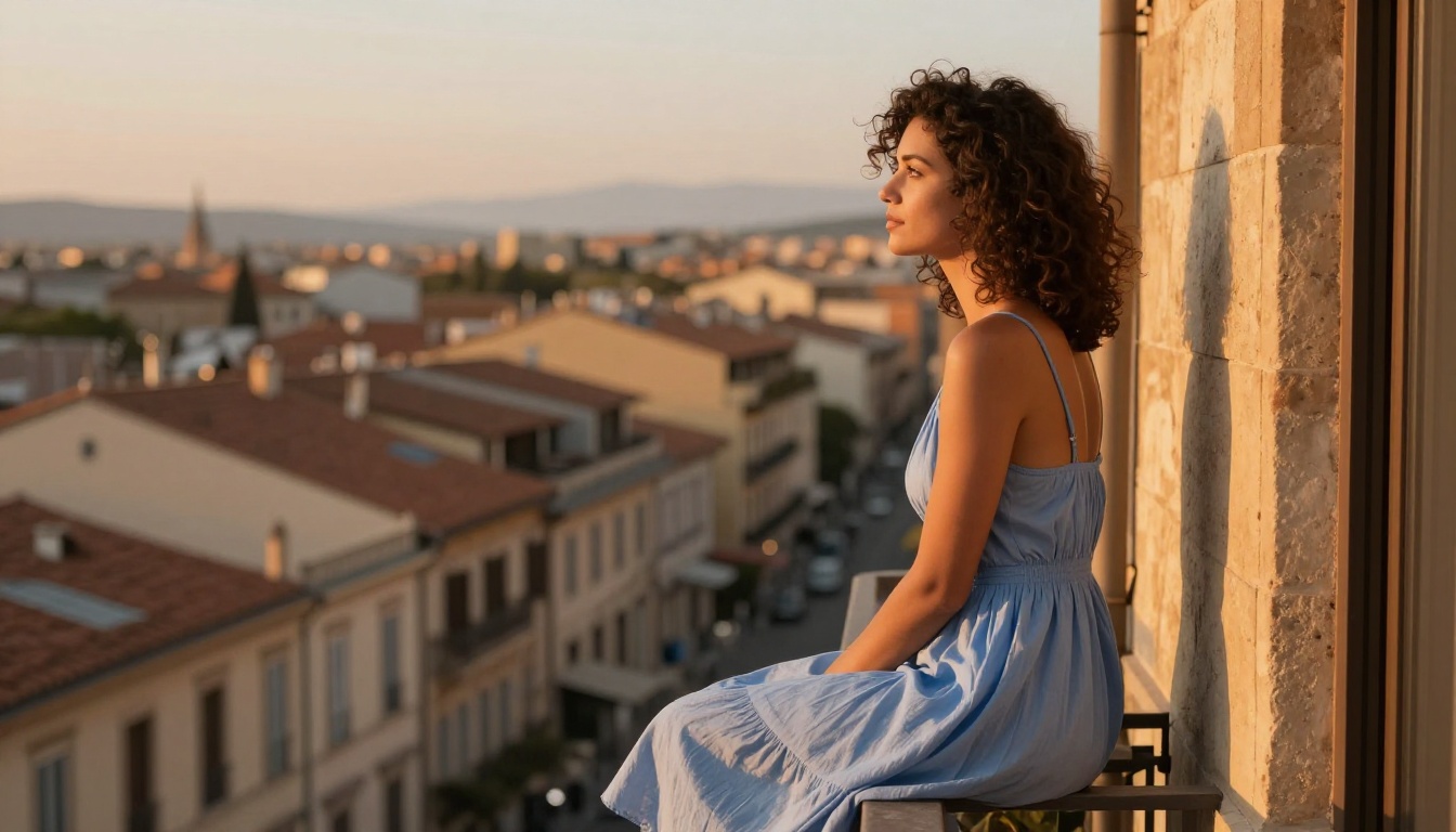 Side profile of a curly-haired woman in a light blue sundress sitting on a European city balcony railing at golden hour, limestone facades glowing behind her