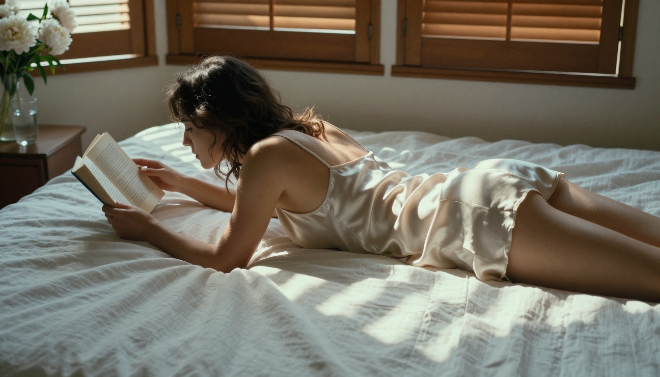 Woman in silk camisole lying on her stomach on white linen bed, reading a book, warm afternoon light striping through wooden shutters