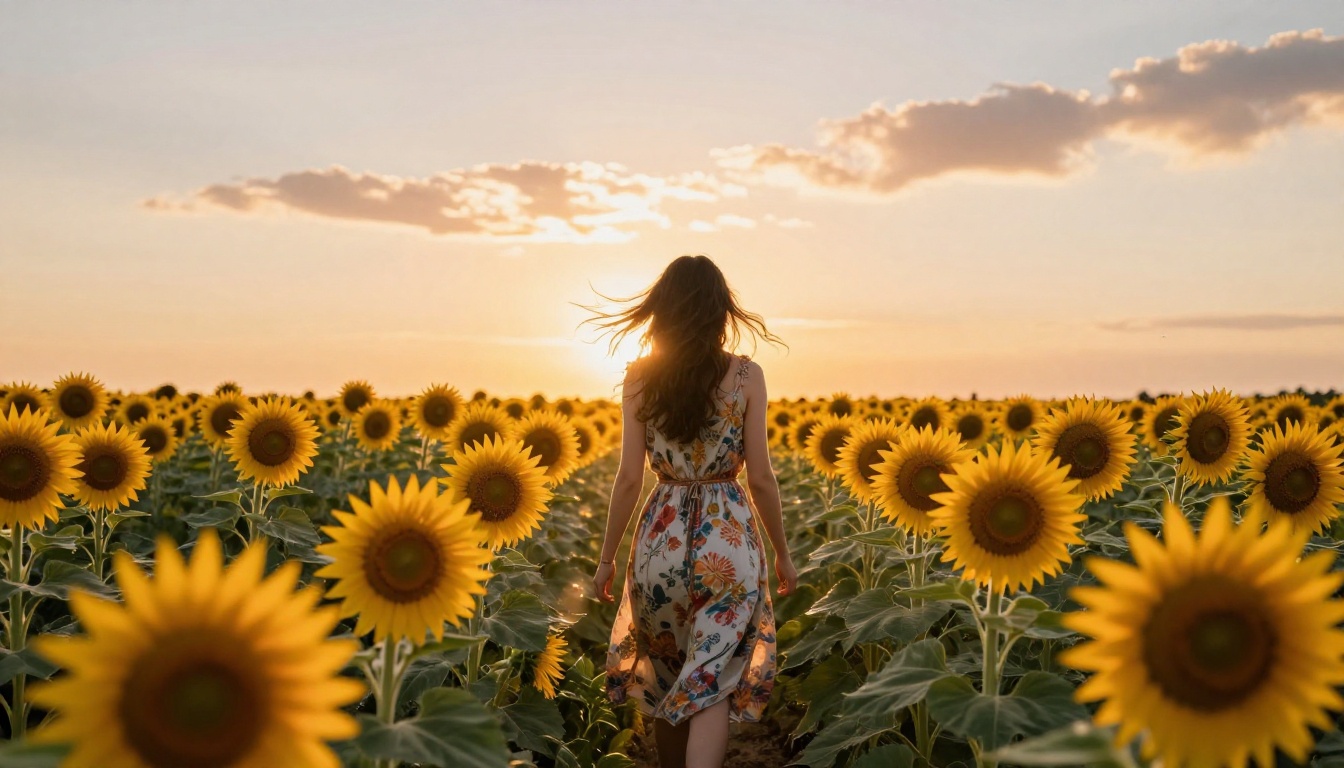 Woman in a bohemian floral sundress walking through a vast sunflower field, dark hair streaming backward, powerful golden backlight from the setting sun