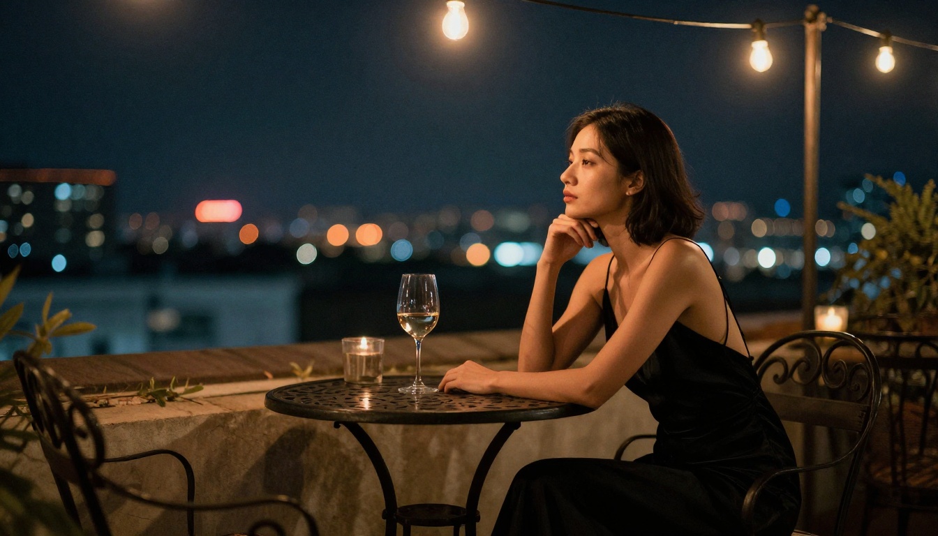 Woman in an elegant black slip dress sitting at a rooftop terrace table at night, city lights glowing in warm bokeh behind her, Edison bulb string lights overhead