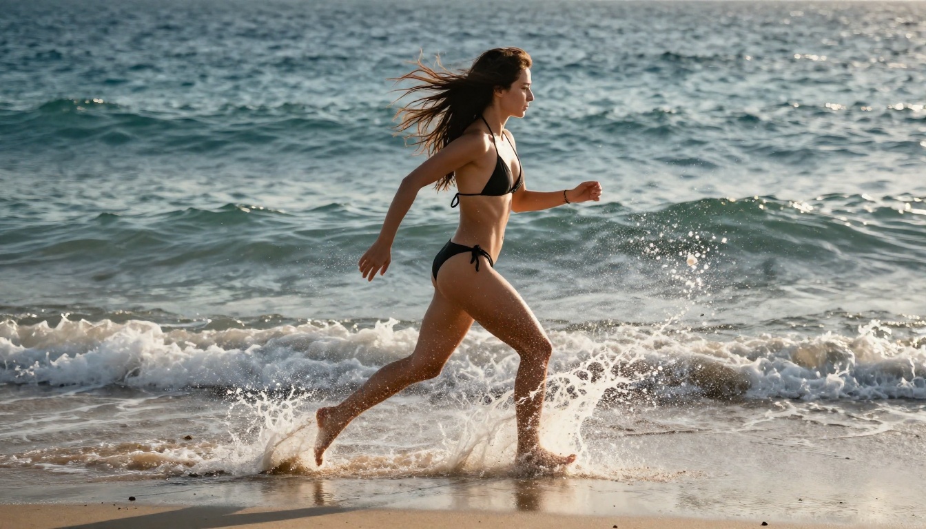 Woman in a sporty black bikini running along the shoreline, salt water splashing around her feet, hair streaming behind her in the motion