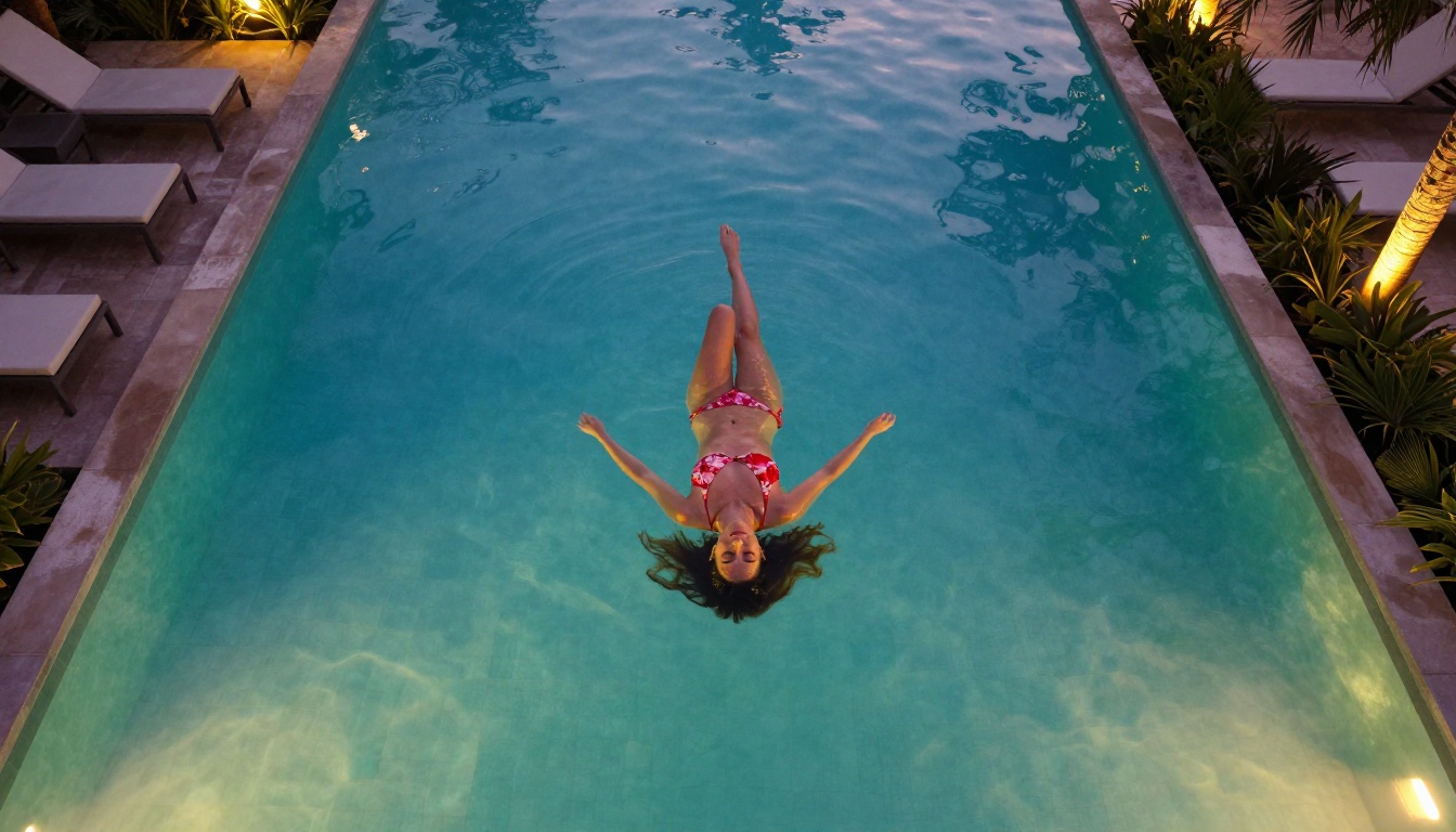 Aerial view of a woman in a floral bikini floating on her back in a turquoise resort pool at dusk, hair fanning out in the water