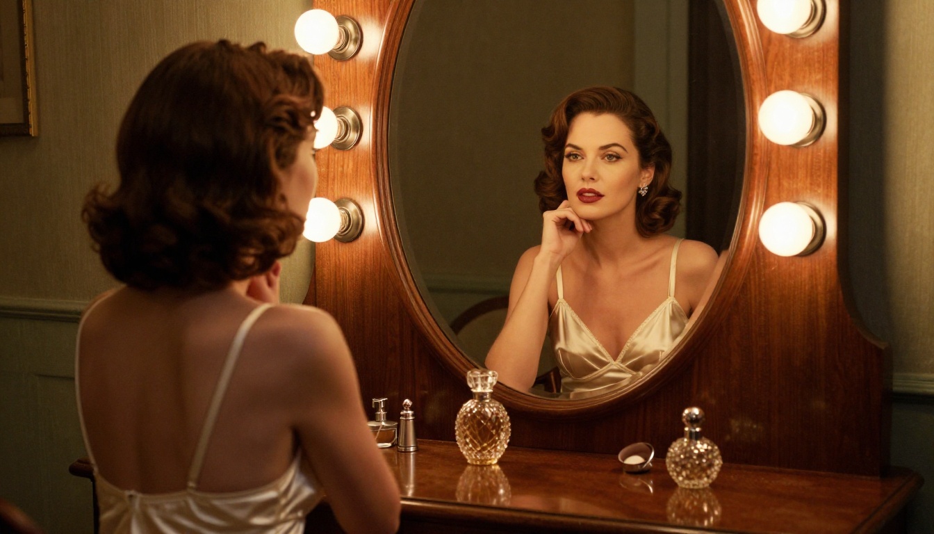 Woman in ivory silk lingerie sitting at an Art Deco vanity with Hollywood-style globe bulb lights, looking at her reflection in the oval mirror