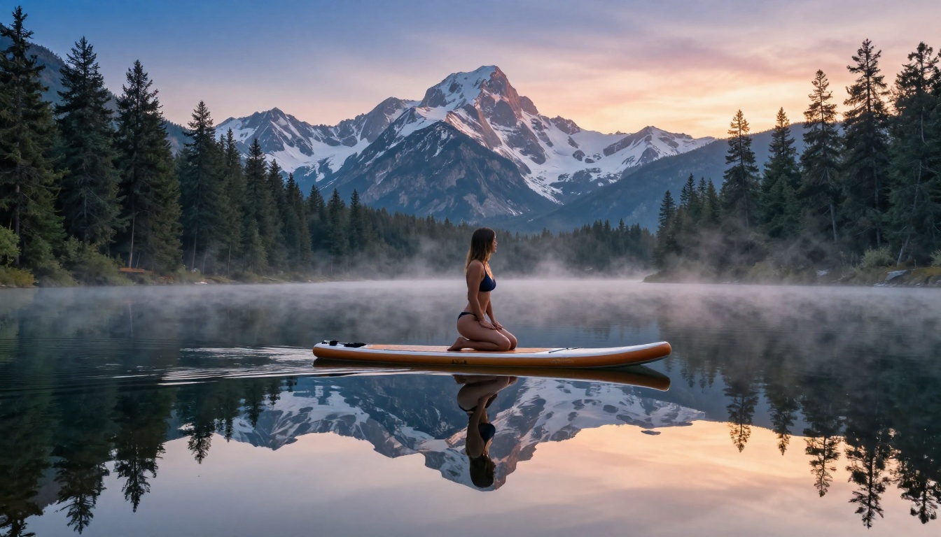 Woman in a dark navy bikini kneeling on a wooden paddleboard on a glassy mountain lake at dawn, snow-capped peaks perfectly mirrored in the still water
