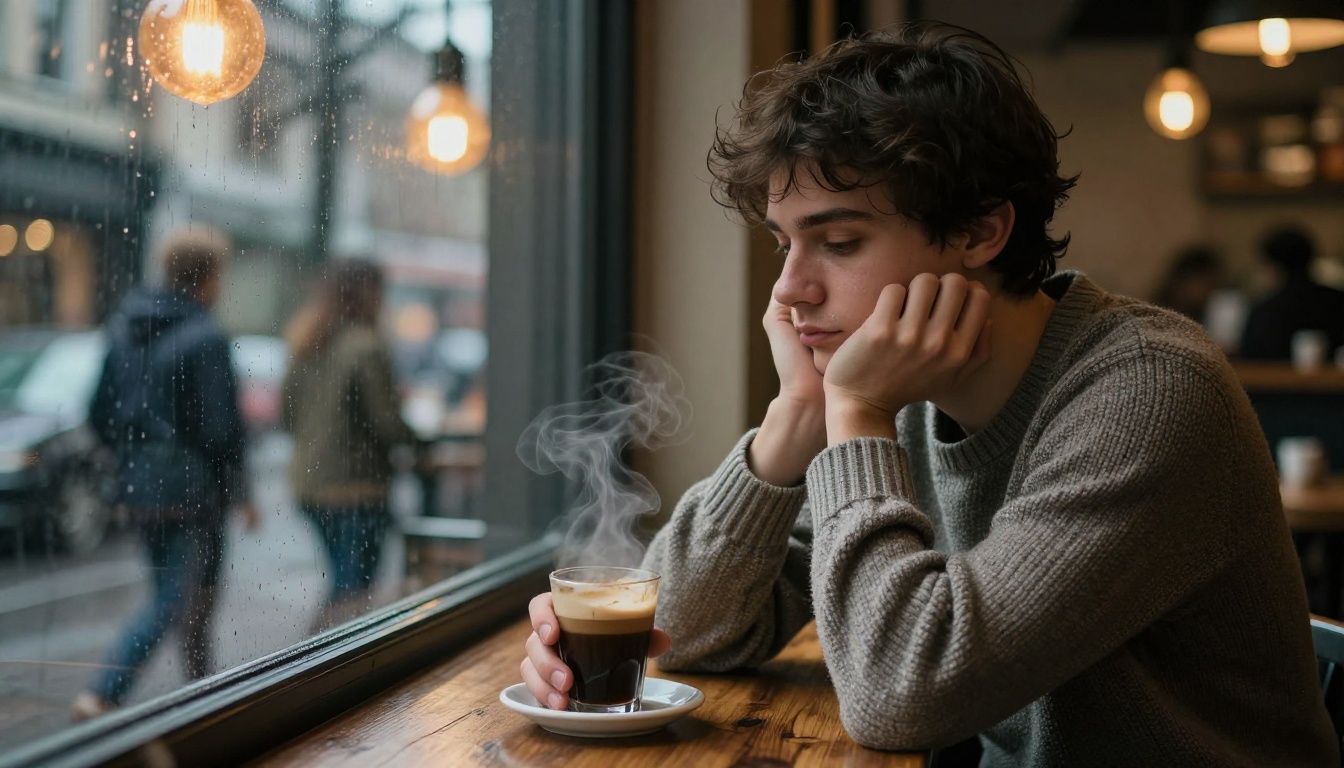 A young man sitting alone at a dimly lit coffee shop corner table, elbows on worn mahogany, eyes cast down at a half-empty espresso cup, rain streaking the window, soft amber pendant lights, blurred patrons in the background, Kodak Portra 400 film grain, 8K RAW photography
