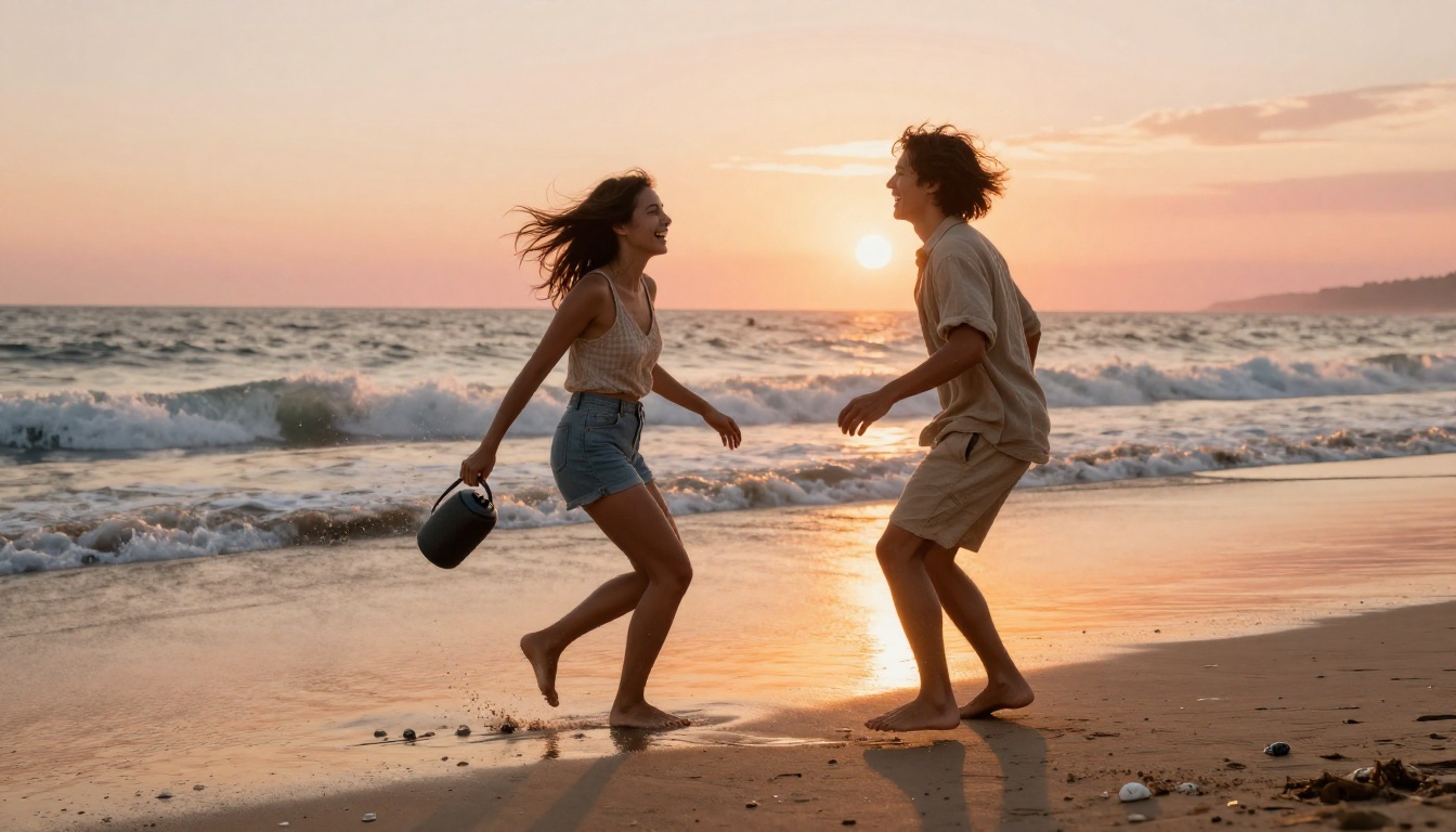Two friends dancing barefoot on a sunlit beach at golden hour, spinning hair in motion blur, waves crashing behind them, one holding a portable speaker, warm orange and pink sunset on the horizon, wet sand with embedded seashells, 8K RAW photography