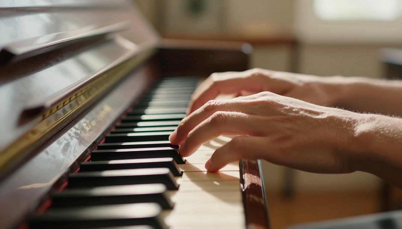 Hands resting on piano keys in warm afternoon light, photorealistic