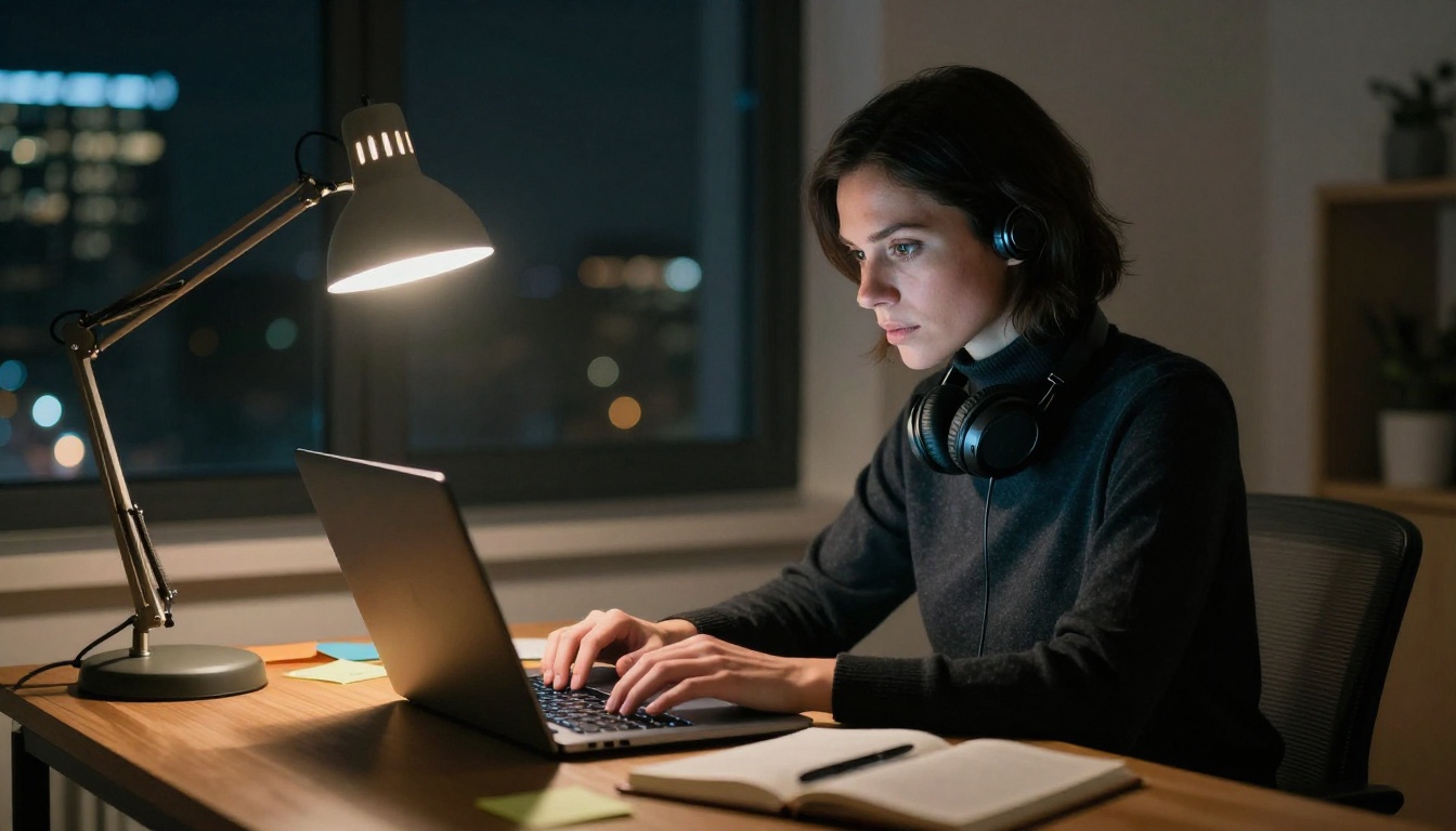 A focused woman working late at night in a minimalist home office, single warm desk lamp from the right, laptop screen casting cool blue glow, city lights as bokeh through the dark window, headphones around her neck, 8K RAW photography