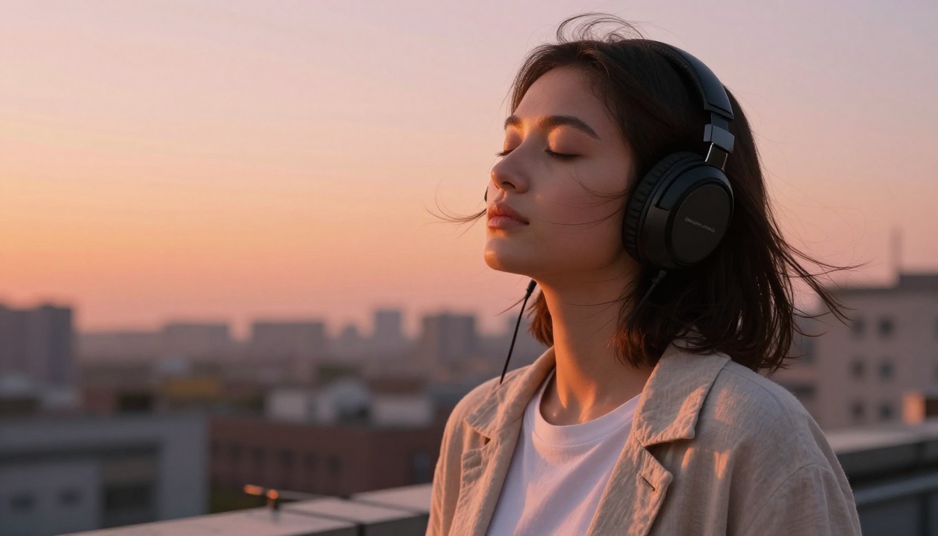 Young woman with over-ear headphones at rooftop during golden hour sunset, eyes closed, photorealistic