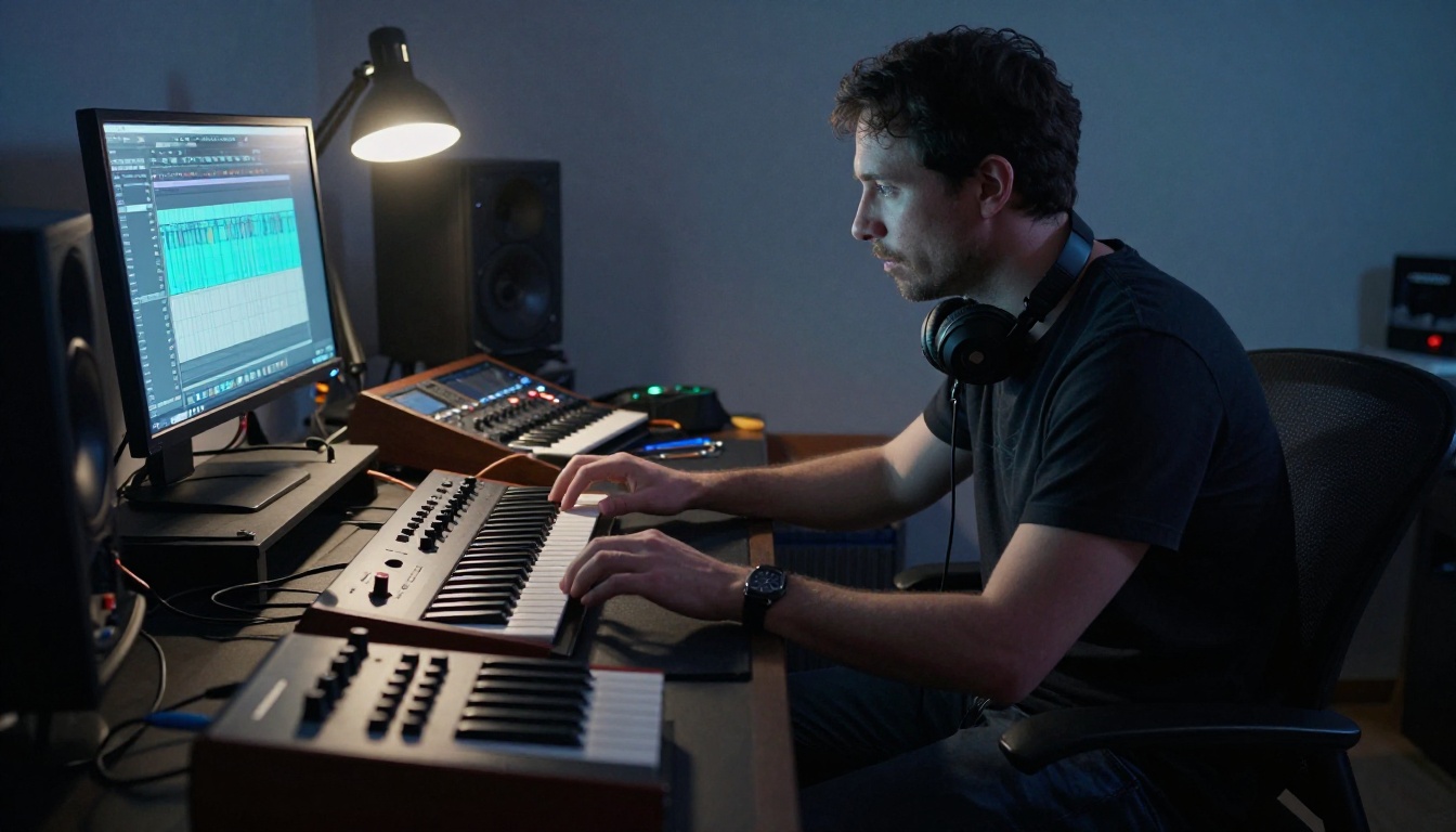 Man seated at home music production desk with synthesizers, analog equipment, and waveform monitor, photorealistic