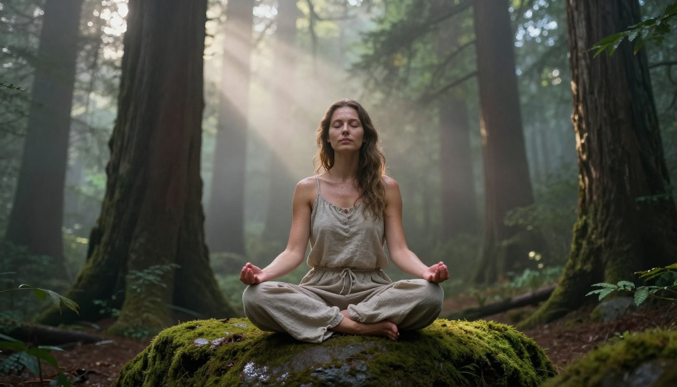 A woman meditating cross-legged on a smooth mossy rock in an ancient forest, morning fog drifting between redwood trunks, dappled light filtering through the canopy creating volumetric rays, eyes closed in absolute peace, linen clothes, Kodak Ektar 100 film grain, 8K RAW photography