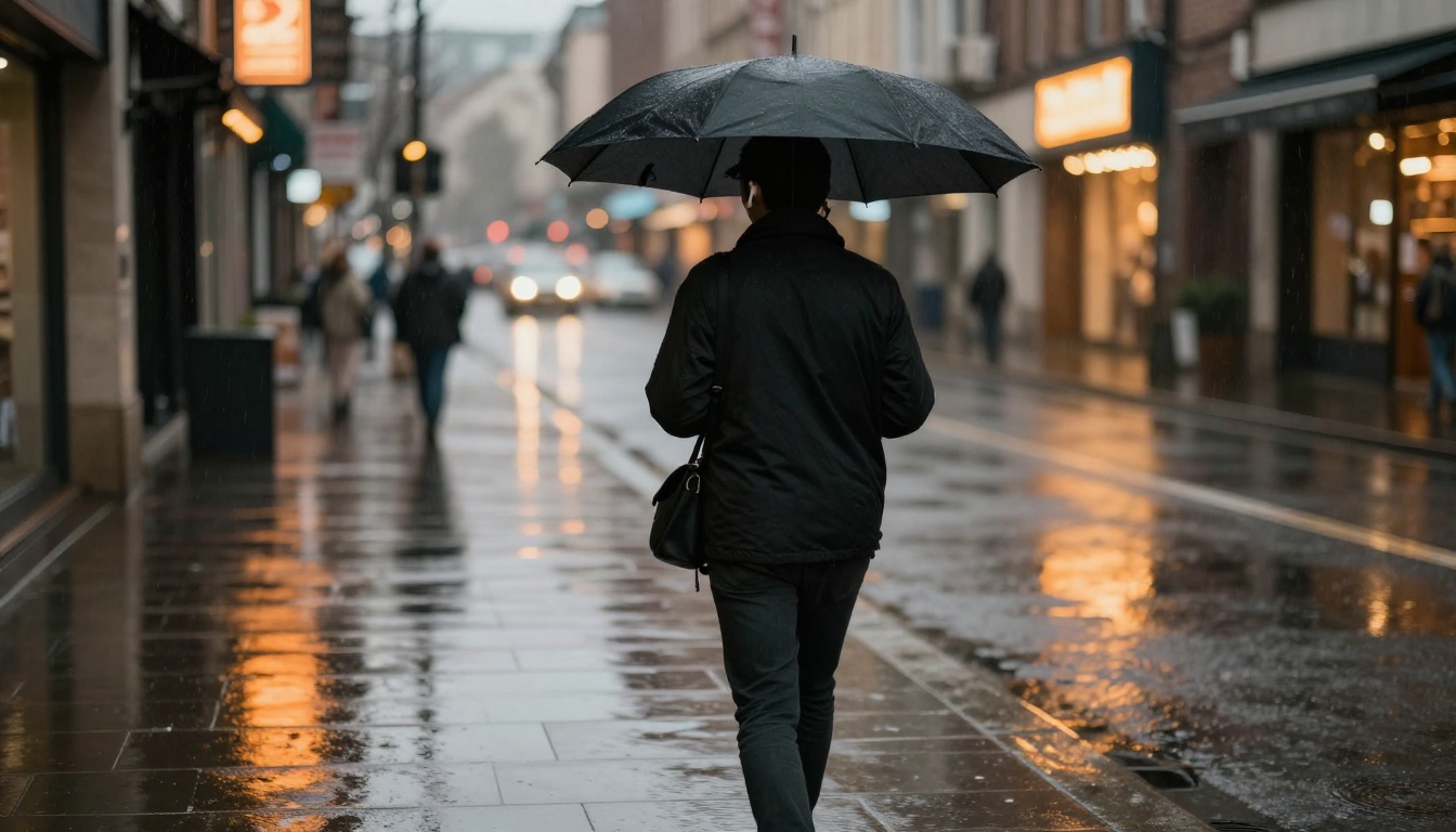Person walking alone down a wet city sidewalk at dusk with earbuds, melancholic mood, photorealistic