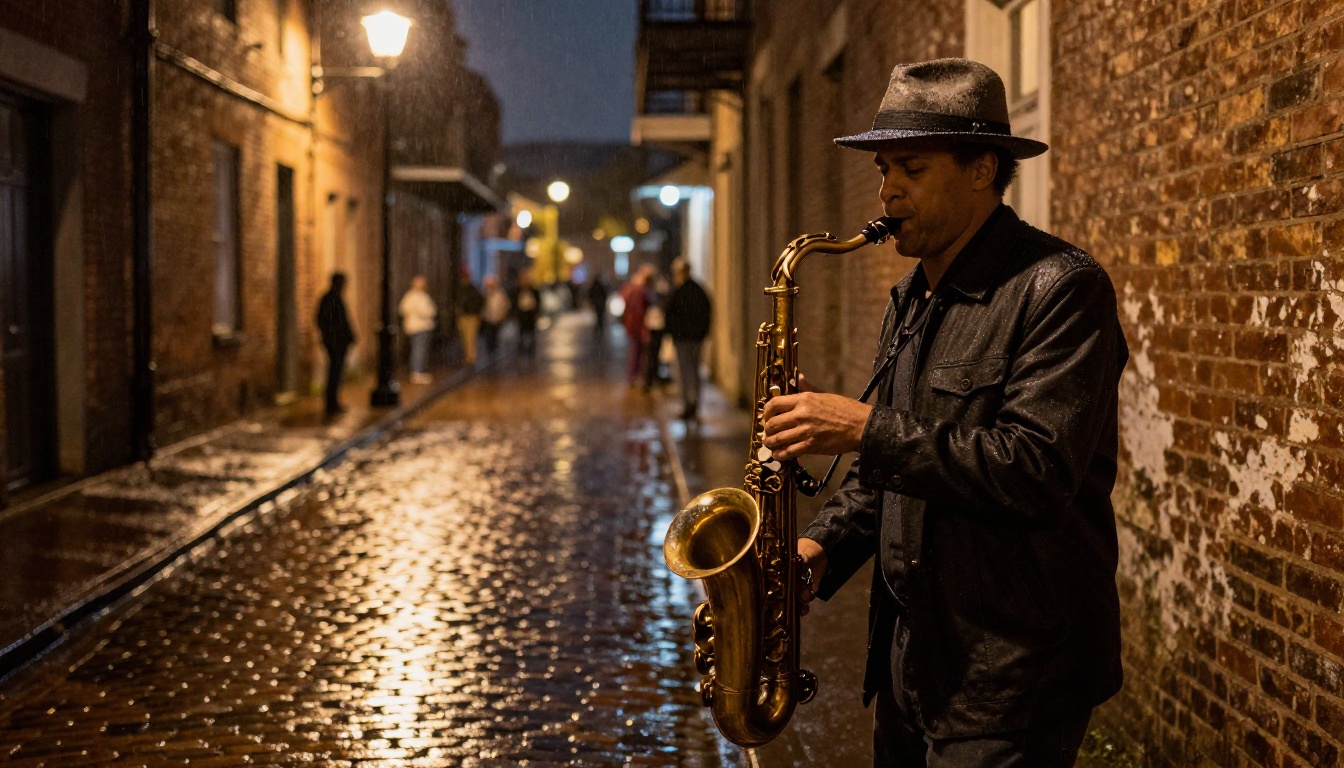 A jazz saxophonist playing under a single amber streetlamp on a rain-slicked New Orleans alley, polished brass saxophone detail, wet cobblestones reflecting the glow, weathered fedora with rain beading on the brim, 8K RAW photography