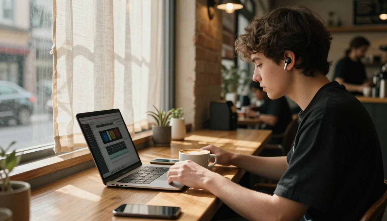 Person in cozy coffee shop with laptop and small earbuds, warm natural light, calm and productive, photorealistic