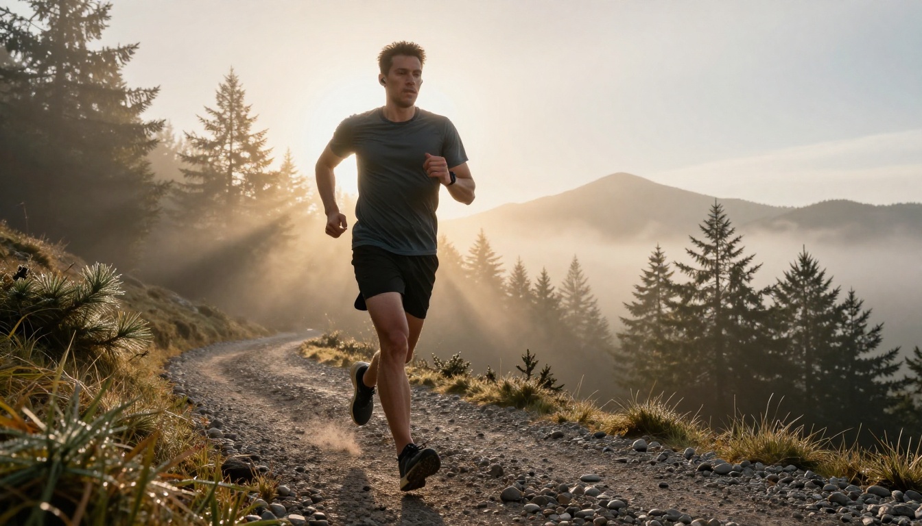 A man running at full stride on a misty mountain trail at sunrise, wireless earbuds, athletic gear showing sweat detail, golden light breaking over distant peaks ahead, breath condensation visible in the cool air, gravel pebbles displaced mid-stride, 8K RAW photography