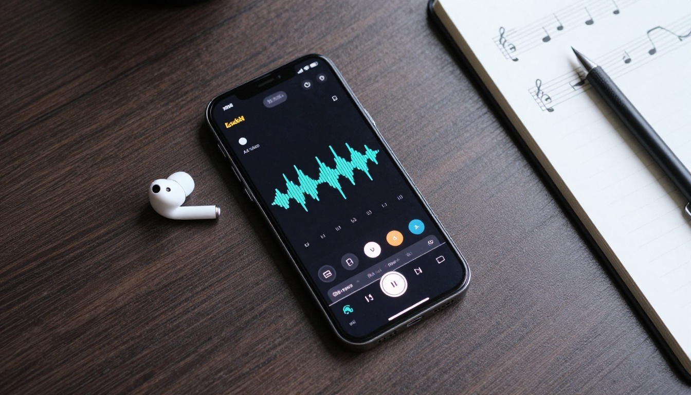 Overhead flat lay of smartphone showing music waveform interface with notebook and wireless earbud beside it, photorealistic