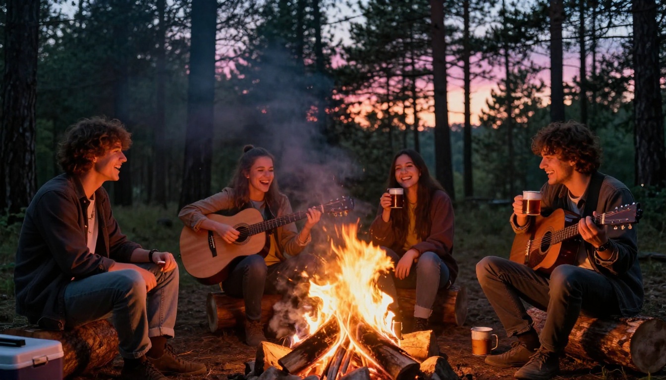 A group of four friends gathered around a crackling campfire in a pine forest at dusk, golden firelight dancing on laughing faces, one strumming an acoustic guitar, magenta twilight through the tree canopy above, smoke curling upward, Kodak Portra 400 film grain, 8K RAW photography