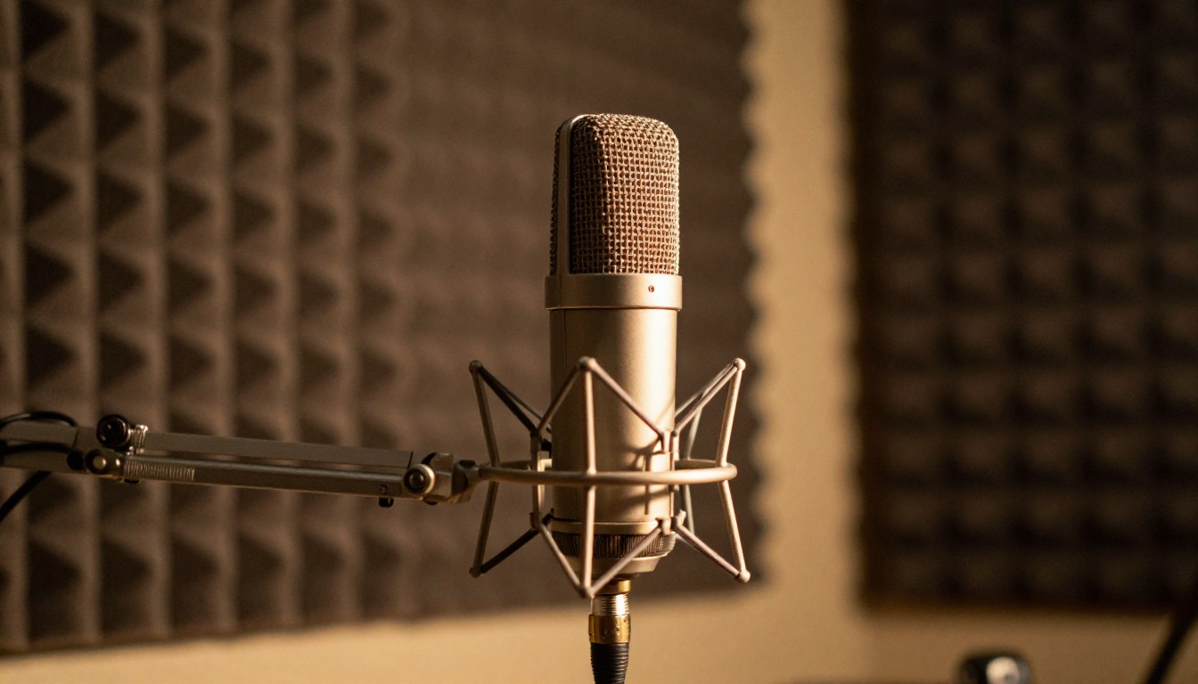 Vintage condenser microphone on a chrome boom arm in warm amber studio lighting, acoustic foam wall, photorealistic