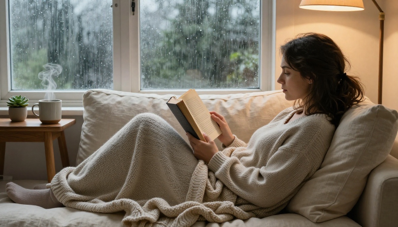 A woman curled up on a deep cream linen couch with a worn paperback novel, knit blanket over her lap, heavy rain streaking the large window behind her, steaming ceramic mug on the side table, warm overhead lamp casting soft directional light, 8K RAW photography