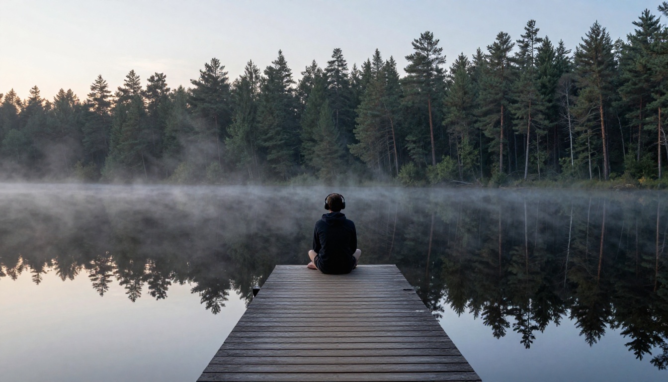 Person sitting alone at the end of a wooden dock over a misty forest lake at dawn with headphones, photorealistic