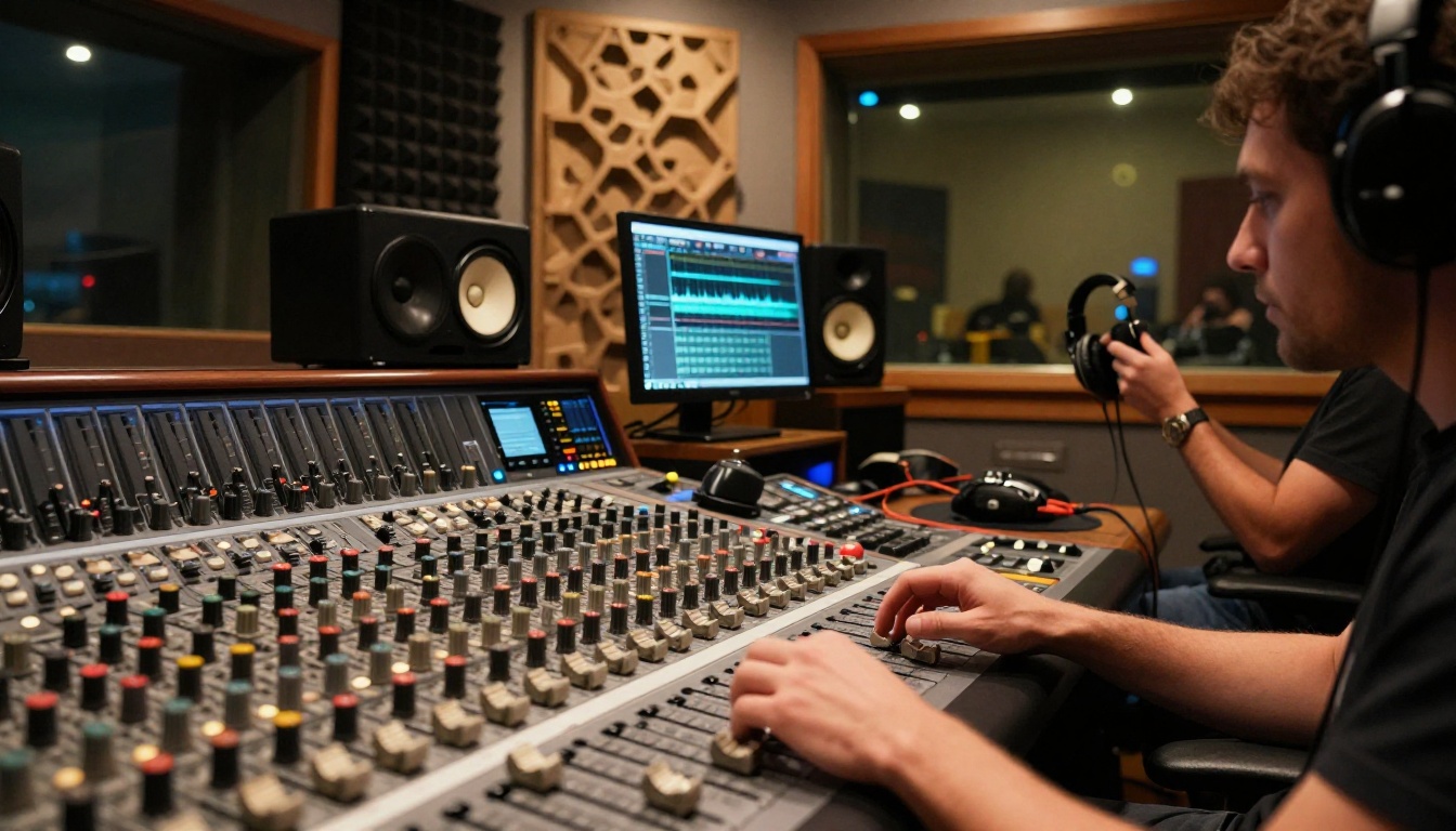 A music producer seated at a large professional mixing console, numerous faders and knobs, large monitor speakers flanking a central screen, acoustic foam panels on the walls, a second musician visible through the glass isolation booth, warm directional studio lighting, 8K RAW photography