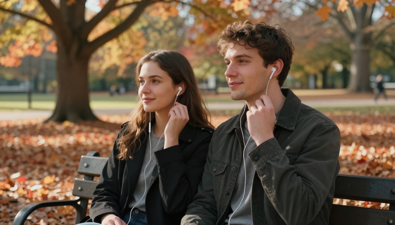 Couple sharing a single pair of wired earphones on a park bench in autumn, warm afternoon light, photorealistic