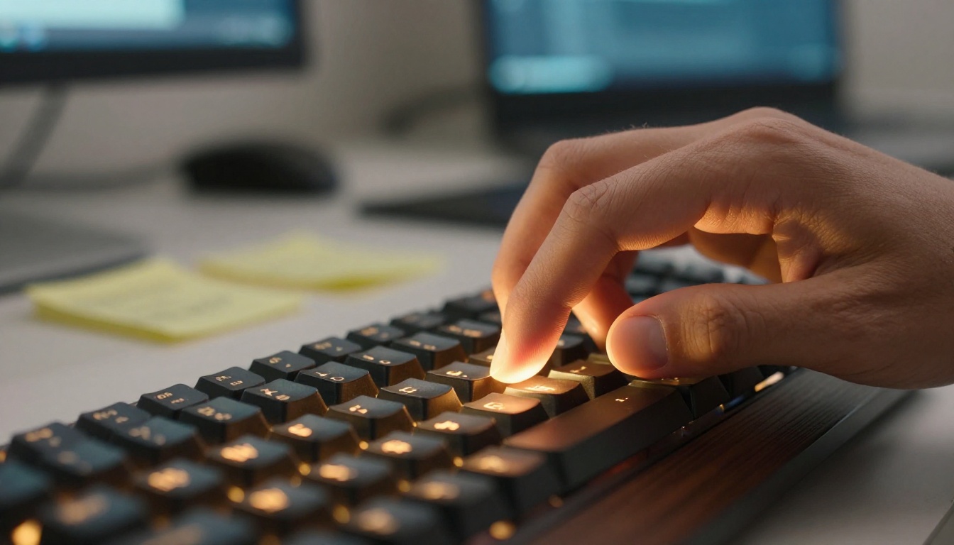 Hands typing on a mechanical keyboard with warm amber and blue monitor lighting