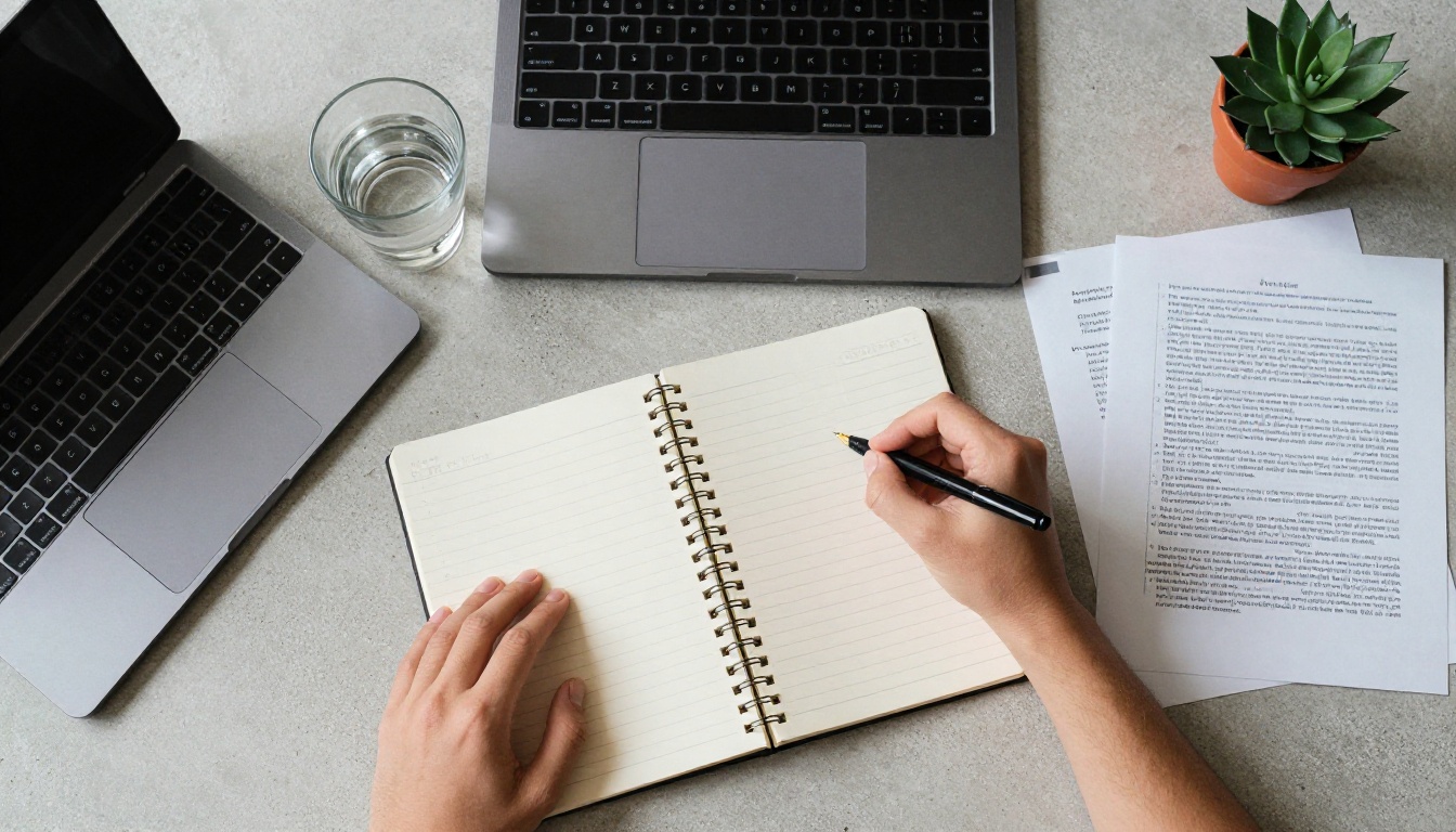 Aerial overhead view of desk with spiral notebook, fountain pen, laptop, and succulent plant