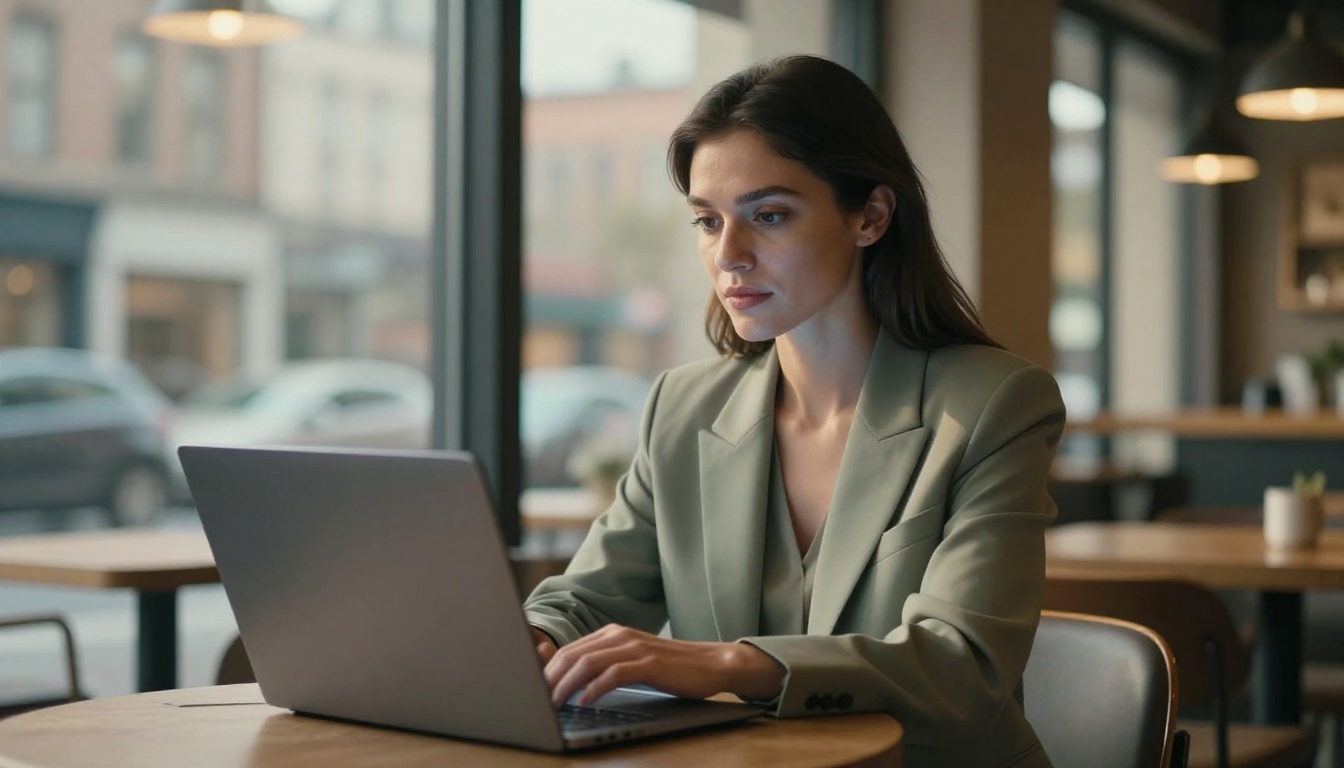 Professional woman in sage green blazer at coffee shop with laptop, warm-cool lighting