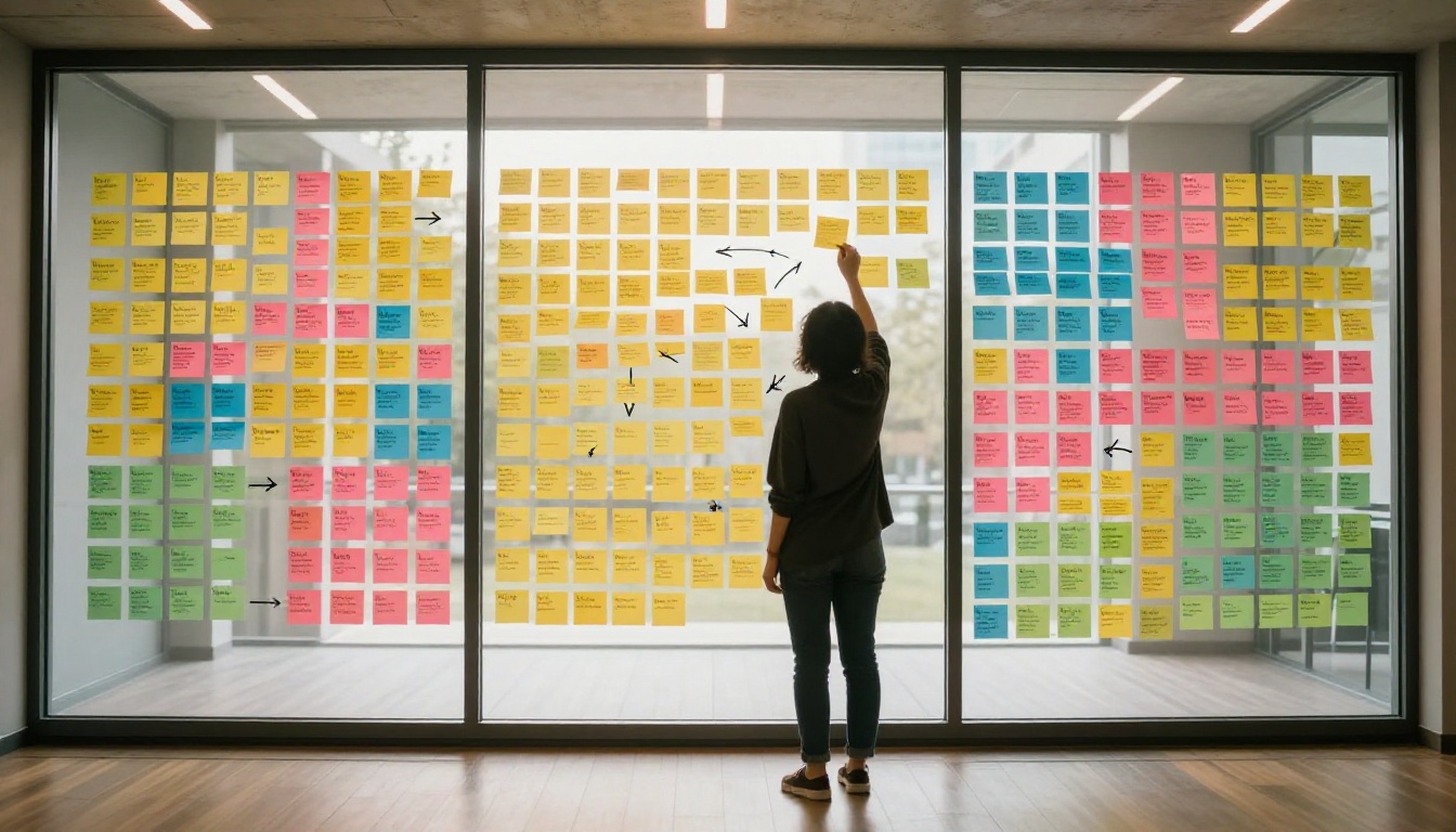 Person standing in front of glass wall covered in organized colorful sticky notes