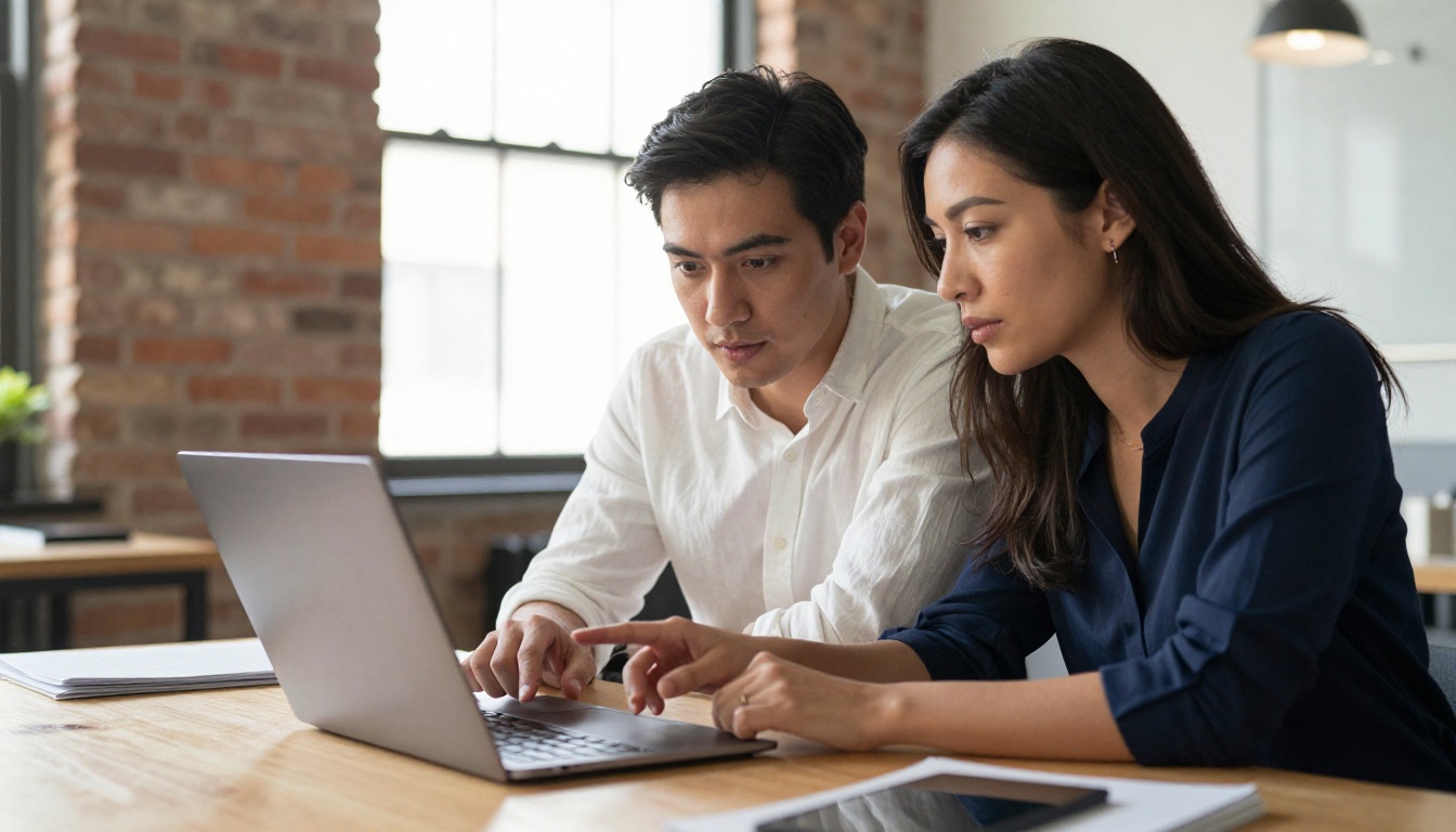 Two colleagues leaning over a shared desk looking at a laptop screen in a bright office