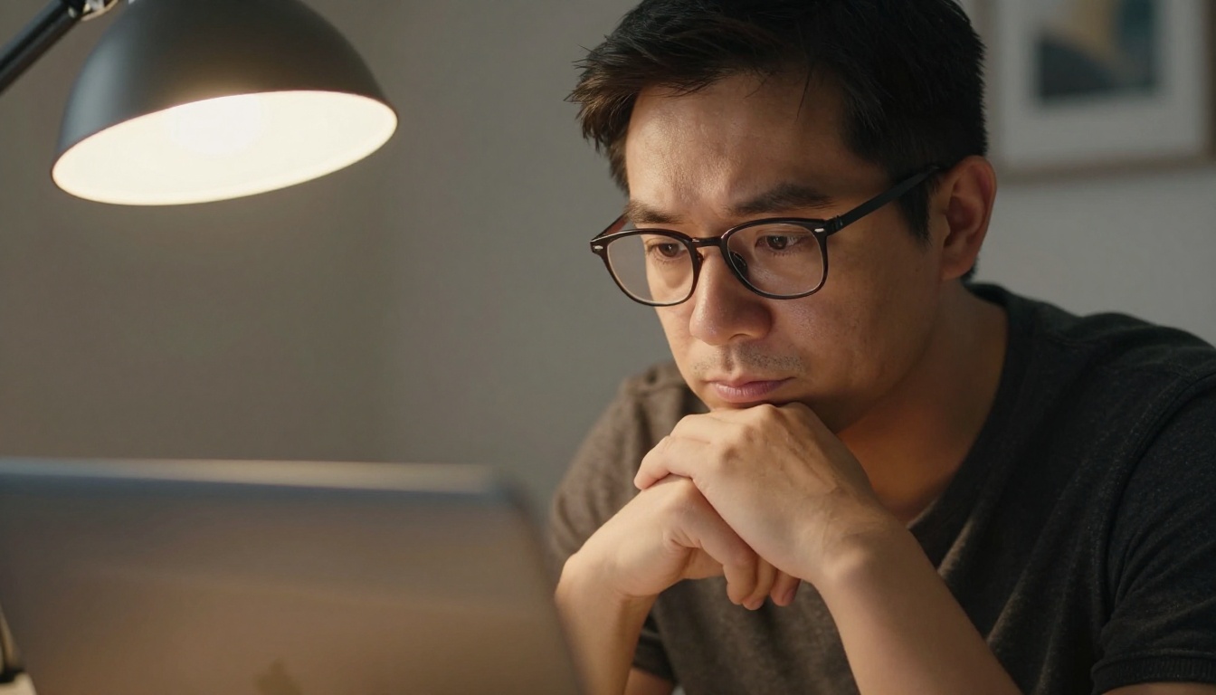 Close-up portrait of focused man with reading glasses leaning forward at desk in warm lamp light