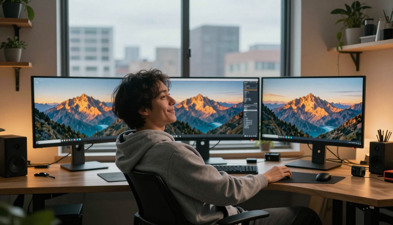 Creative professional at dual monitors showing AI-generated landscape images with satisfied expression
