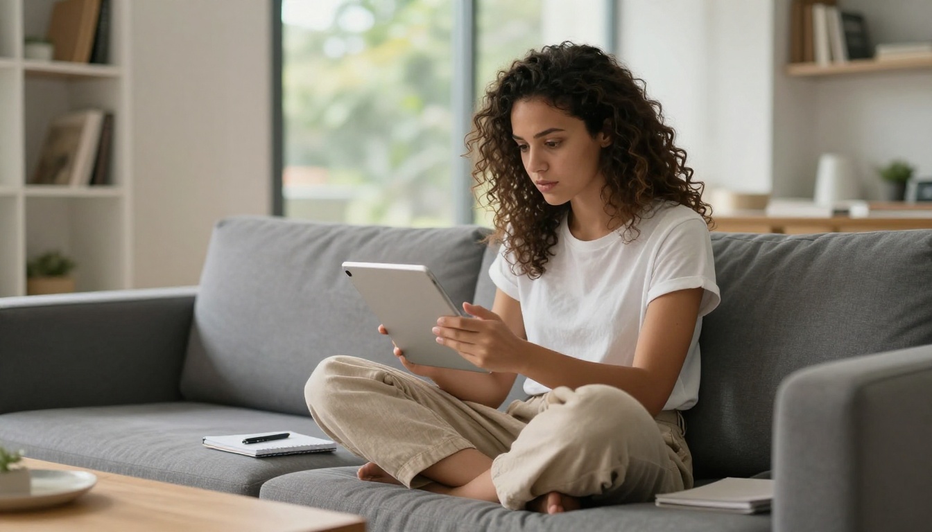 Young woman with curly hair on modern sofa using a white tablet with focused expression