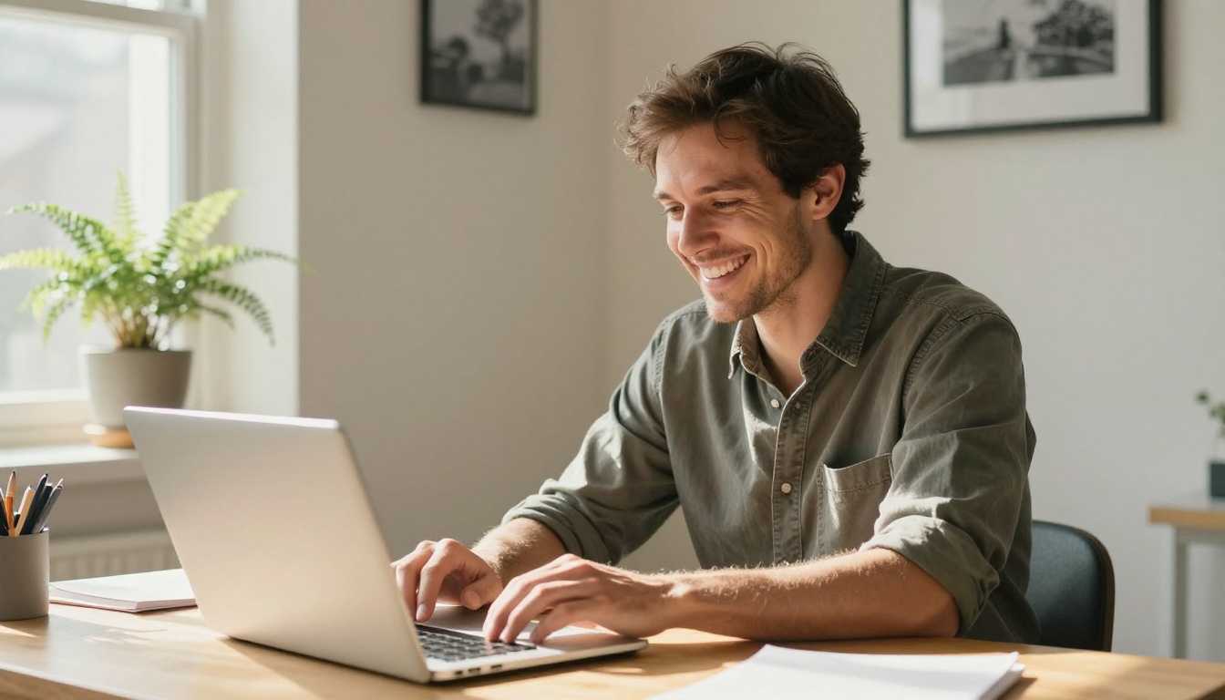Man smiling at laptop screen with genuine satisfied expression in warm golden home office light