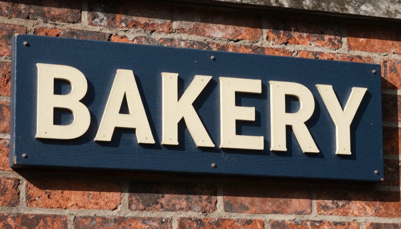 A rustic wooden storefront sign with perfectly legible serif lettering against navy blue, close-up photography