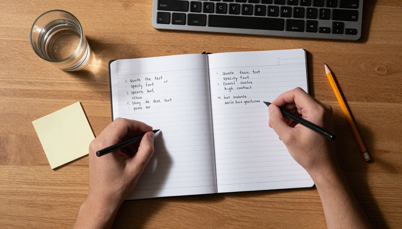 Overhead flat lay of prompt-writing notes on a wooden desk with keyboard and notebook