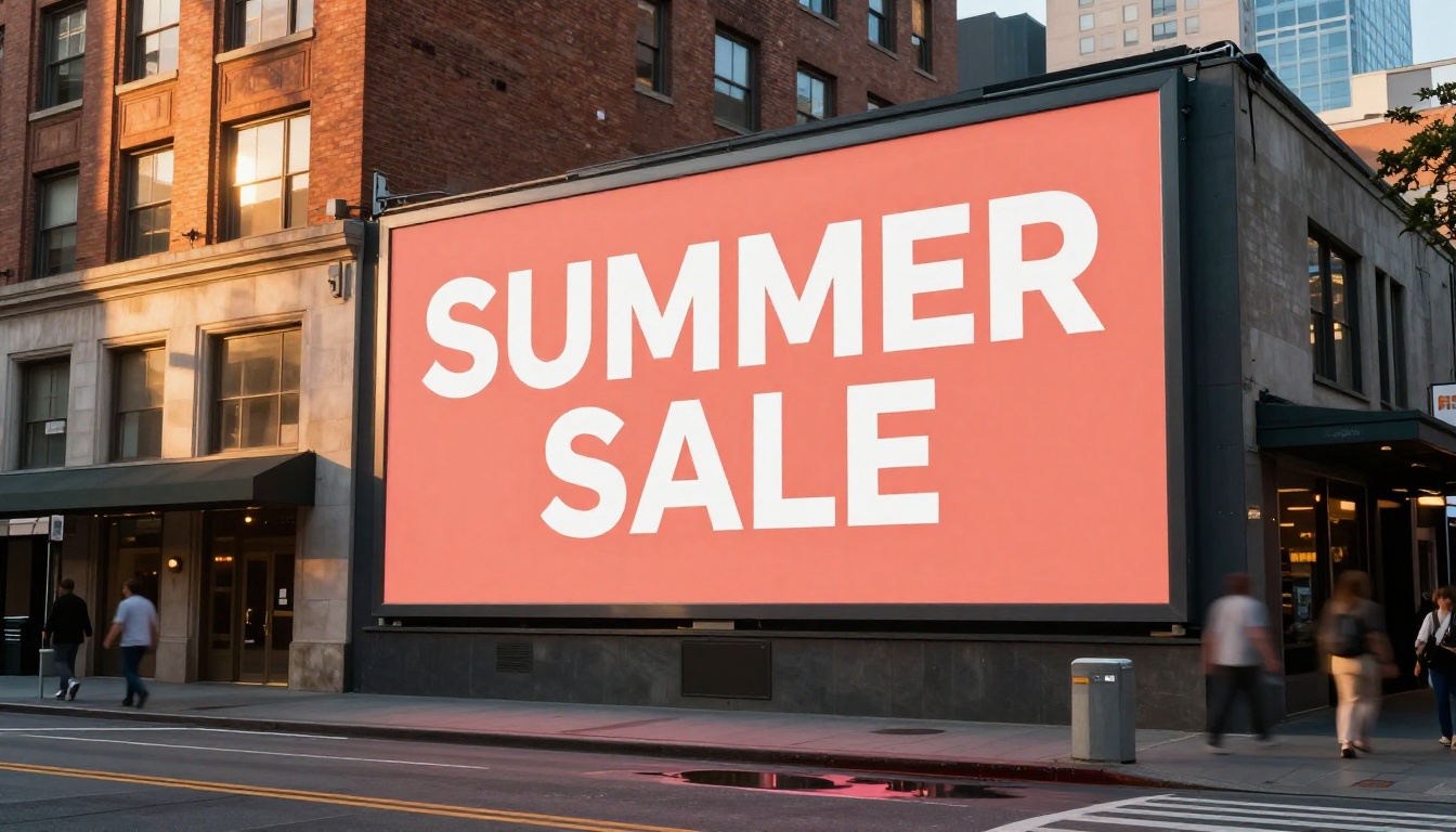 Wide urban billboard with clear bold typography in golden hour light
